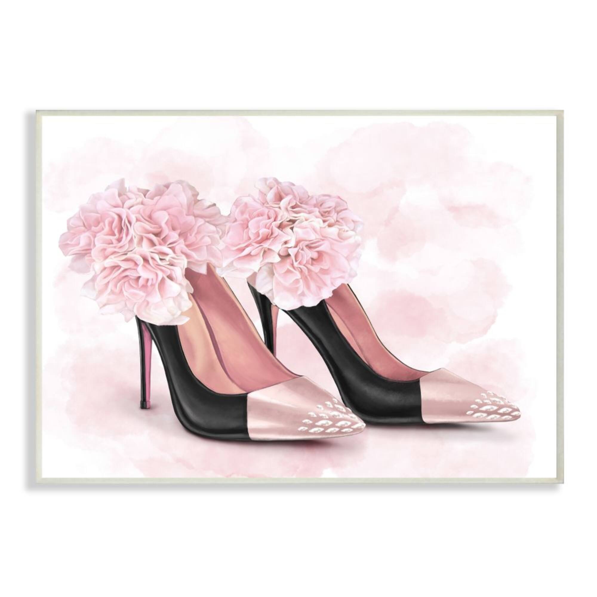 Stupell Industries Fashion Heels Pink Flower Glam Design Wood Wall Plaque